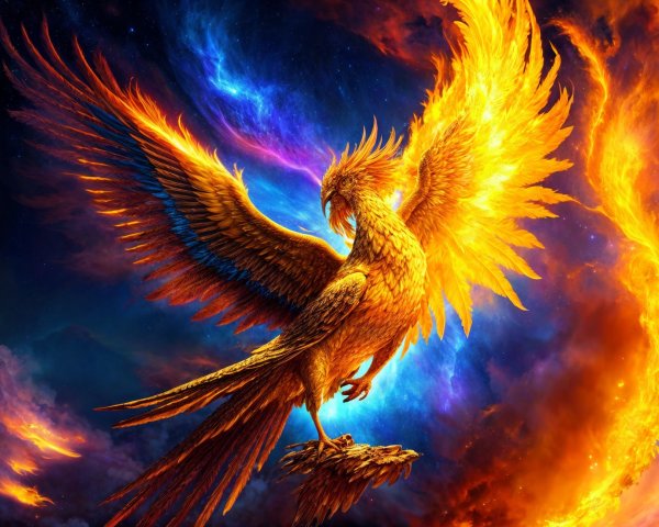 Majestic phoenix in vibrant cosmic colors and flames