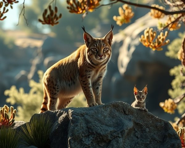 Lynx and Kitten in Serene Natural Setting