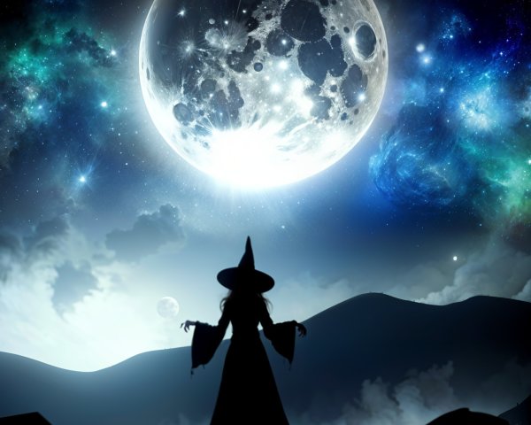 Silhouetted witch against a cosmic night sky