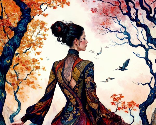 Elegant figure in detailed gown among autumn trees