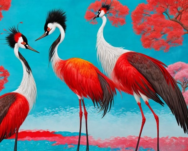 Cranes with Red and White Plumage Against Blue Background