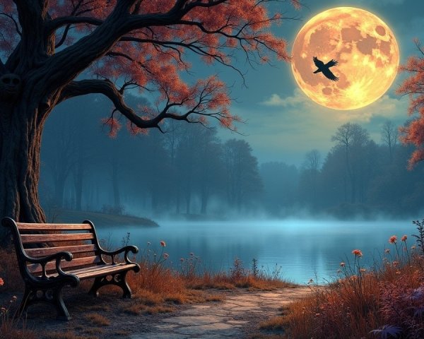 Twilight Lake Scene with Moon and Silhouetted Trees