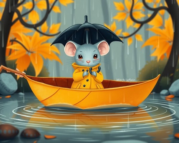 Mouse in Yellow Raincoat in Autumn Landscape