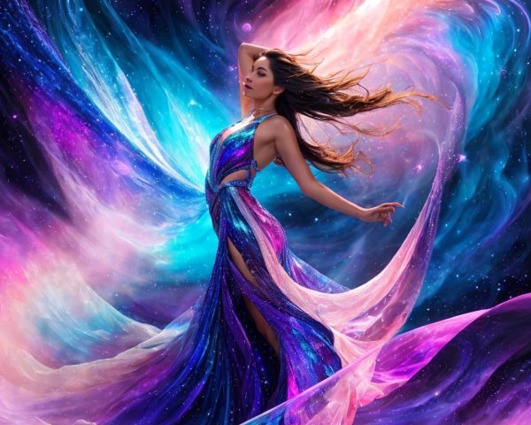 Celestial Figure in Flowing Cosmic-Inspired Gown