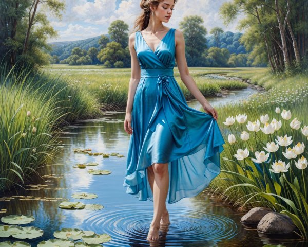 Woman in Blue Dress by Tranquil Stream and Nature