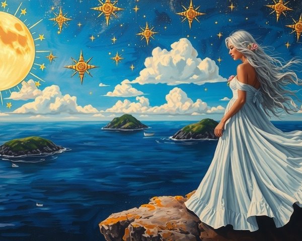 Woman in White Dress on Rocky Cliff by Ocean