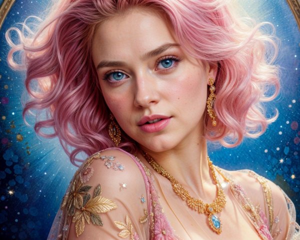 Young woman with pink hair and blue eyes in jewelry
