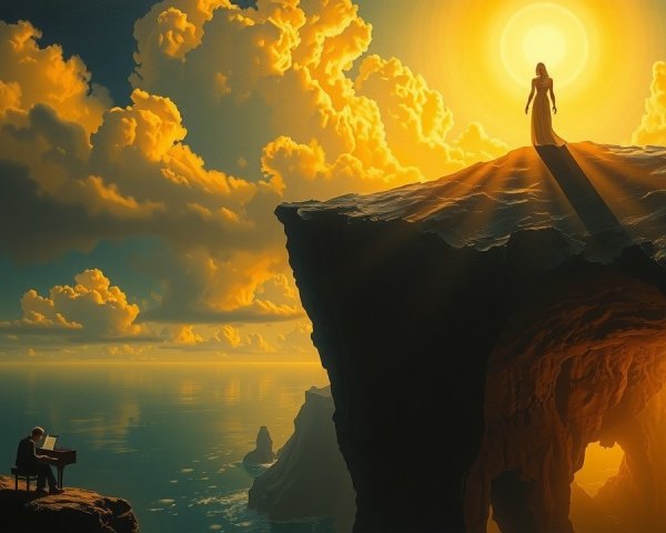 Man Playing Music on Cliff with Scenic Sea View