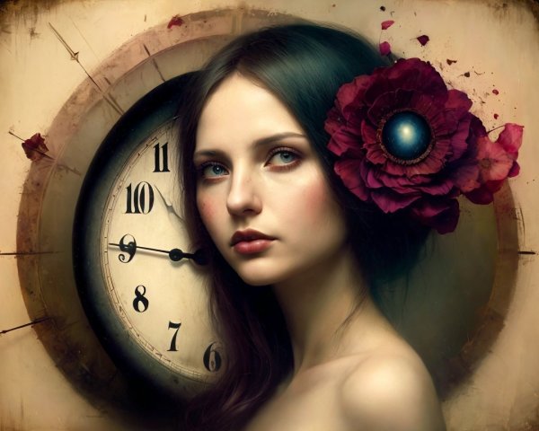 Serene Woman with Red Flower and Vintage Clock