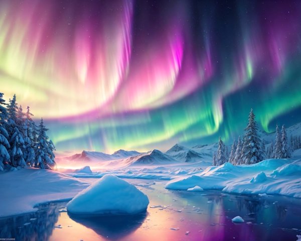 Northern Lights Over a Winter Landscape with Mountains