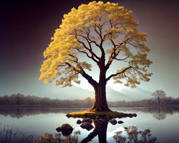 Majestic Tree on Island in Serene Lake at Twilight