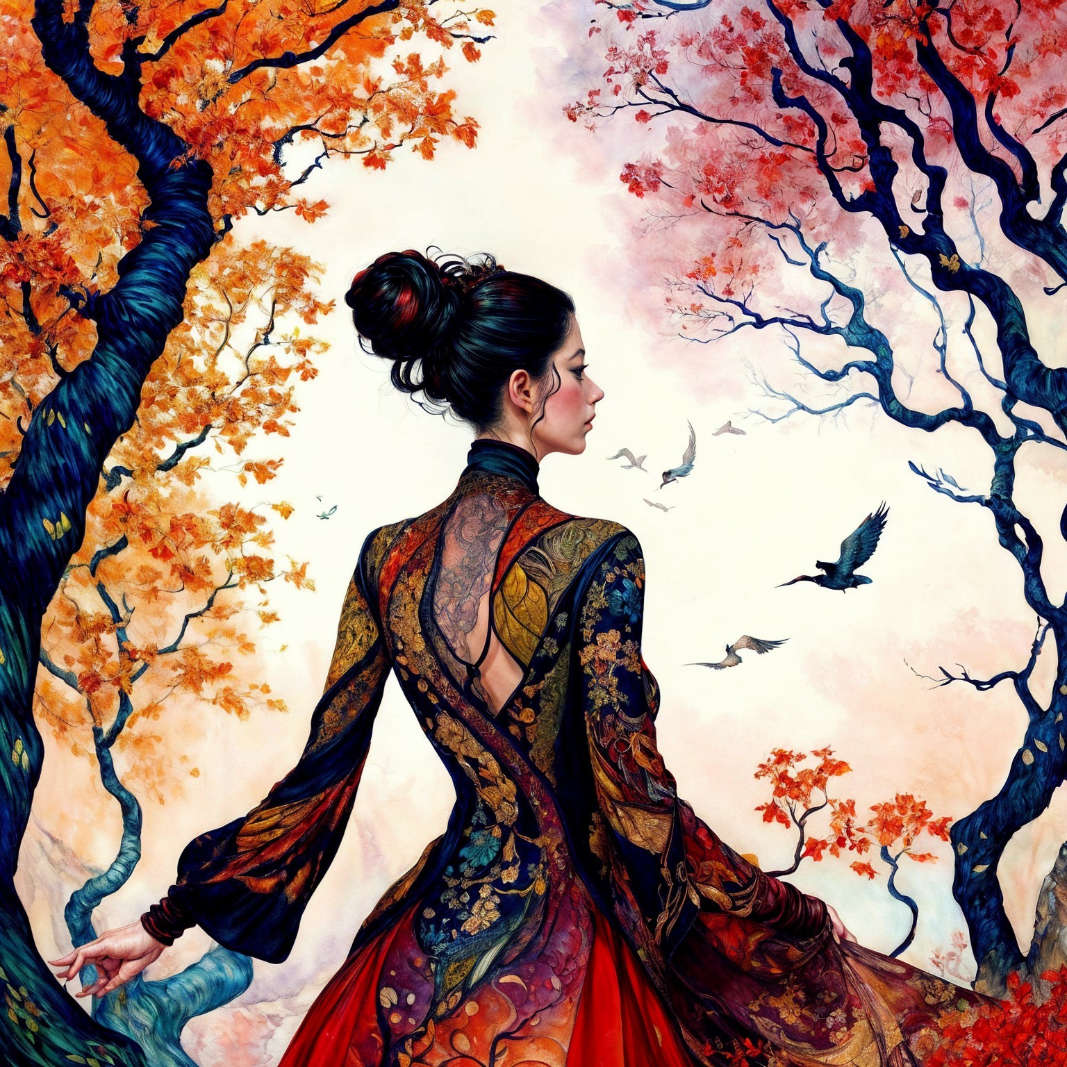 Elegant figure in detailed gown among autumn trees