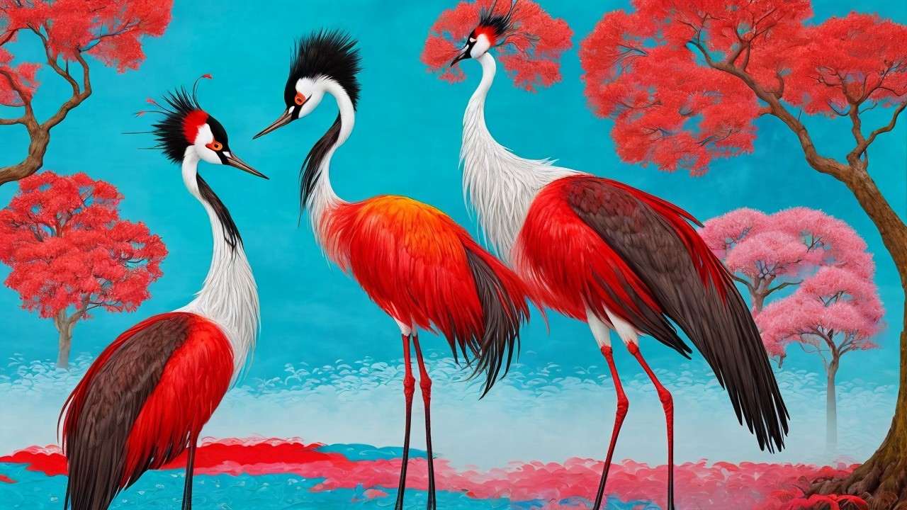 Cranes with Red and White Plumage Against Blue Background
