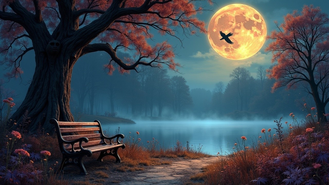 Twilight Lake Scene with Moon and Silhouetted Trees