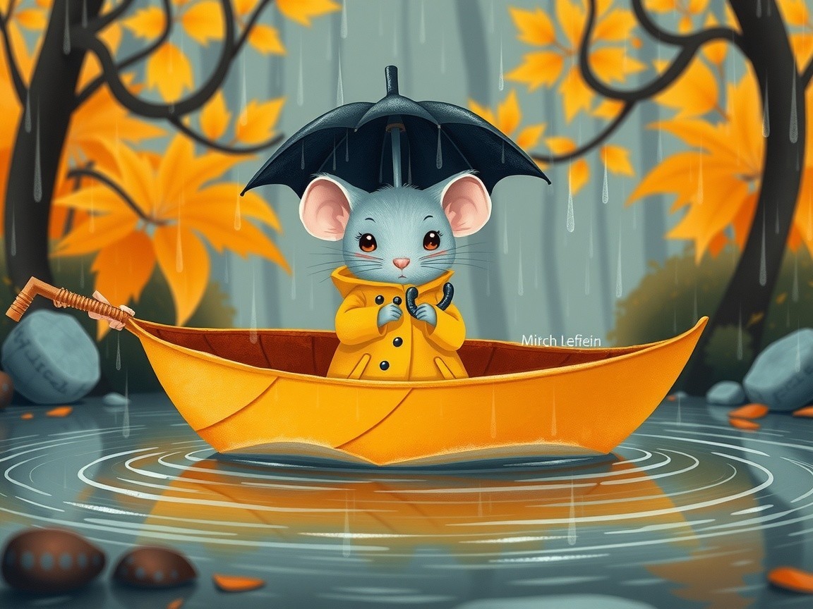 Mouse in Yellow Raincoat in Autumn Landscape