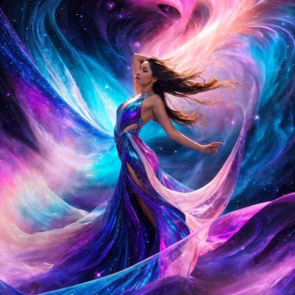 Celestial Figure in Flowing Cosmic-Inspired Gown