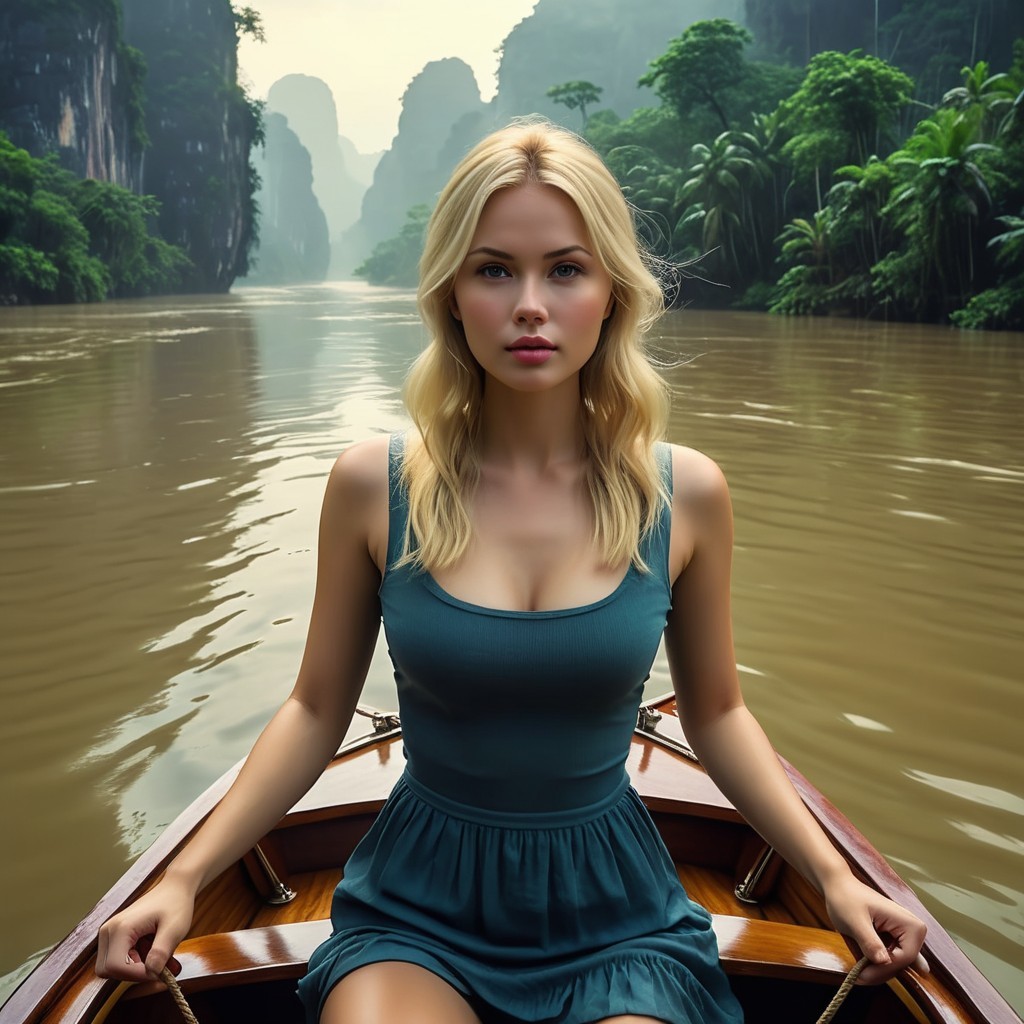 Serene River Scene with Woman in Wooden Boat