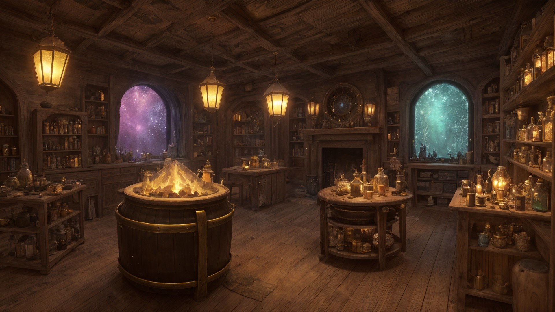Mystical Apothecary with Glowing Potions and Jars