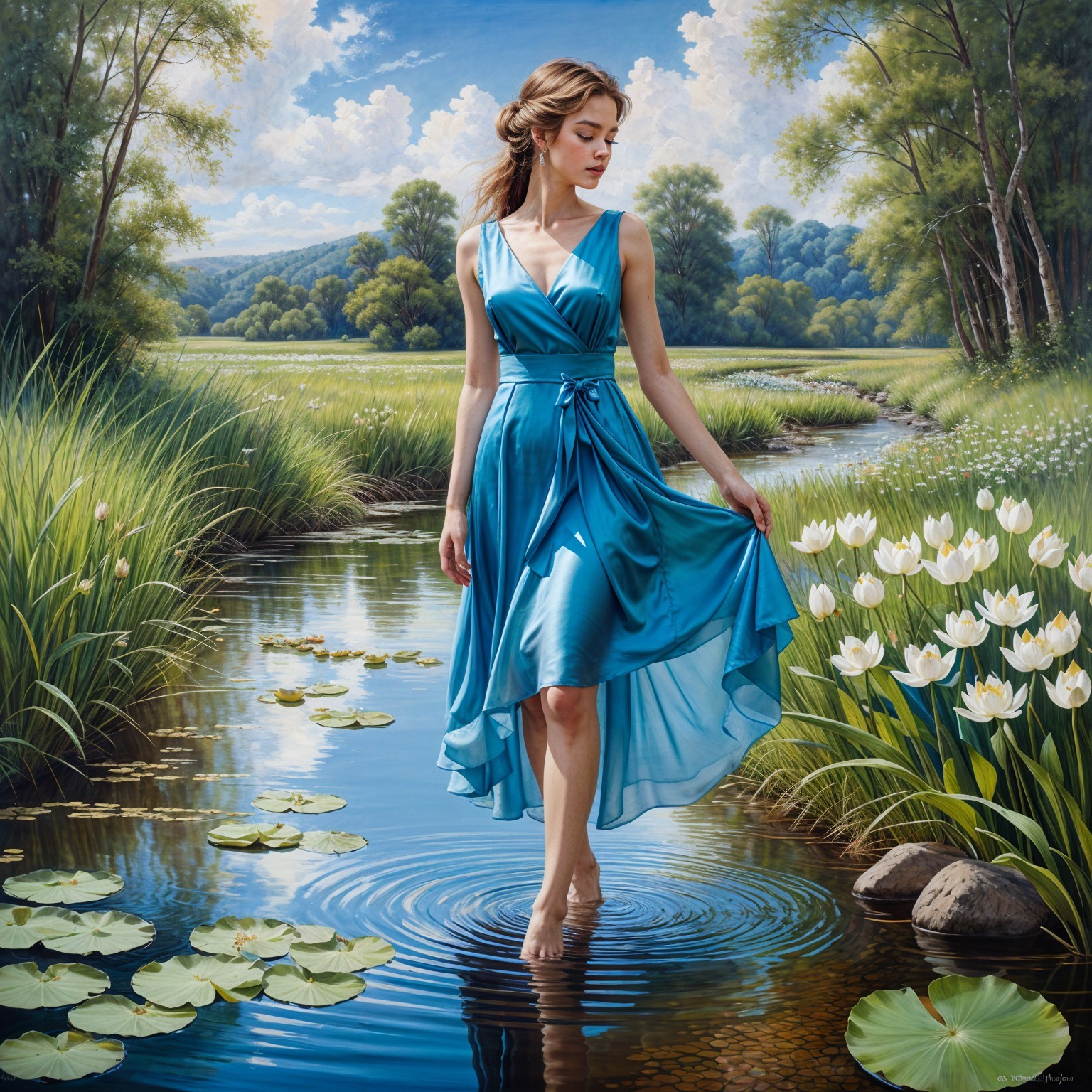 Woman in Blue Dress by Tranquil Stream and Nature