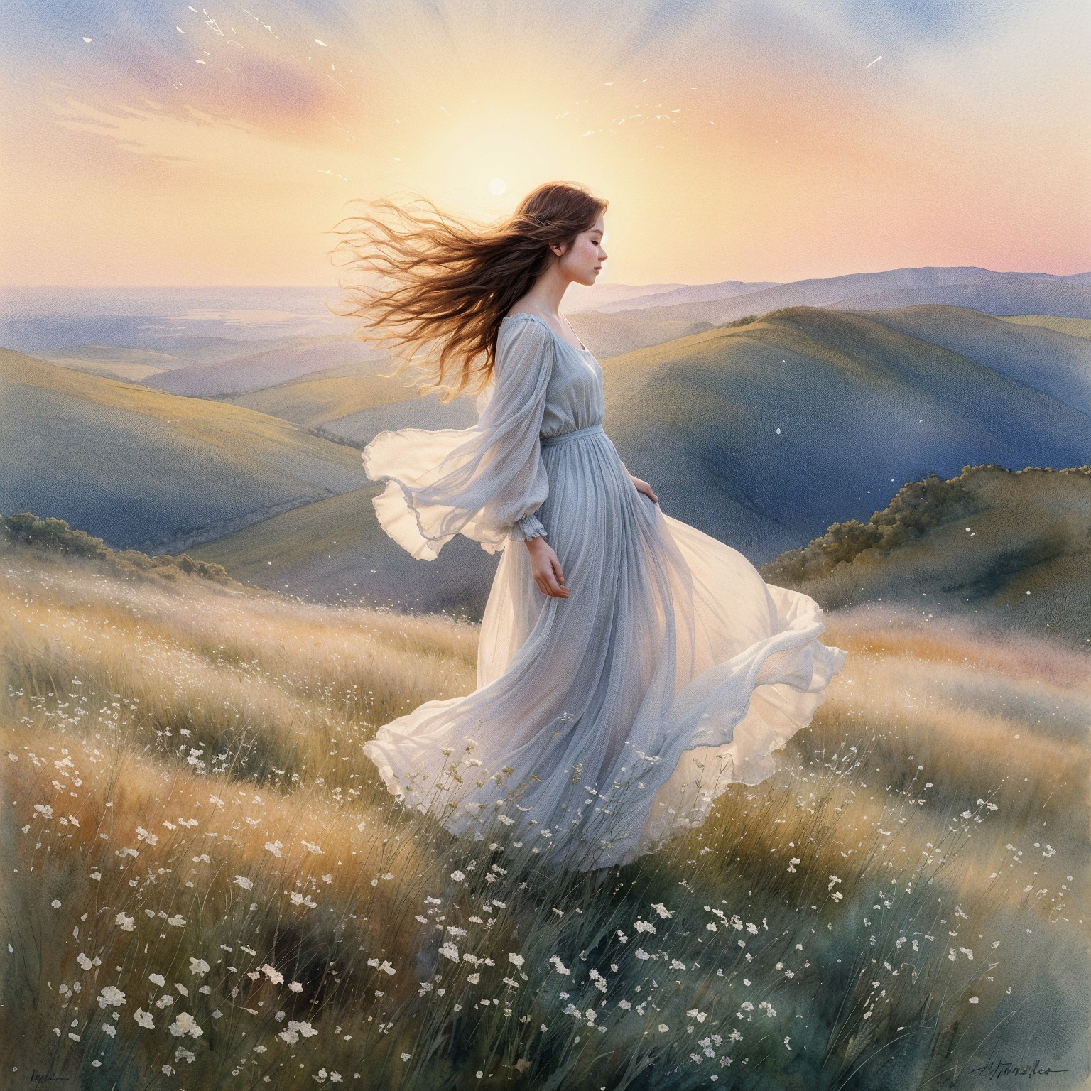 Young Woman in Ethereal Dress on Grassy Hill at Sunrise