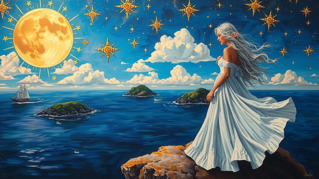 Woman in White Dress on Rocky Cliff by Ocean