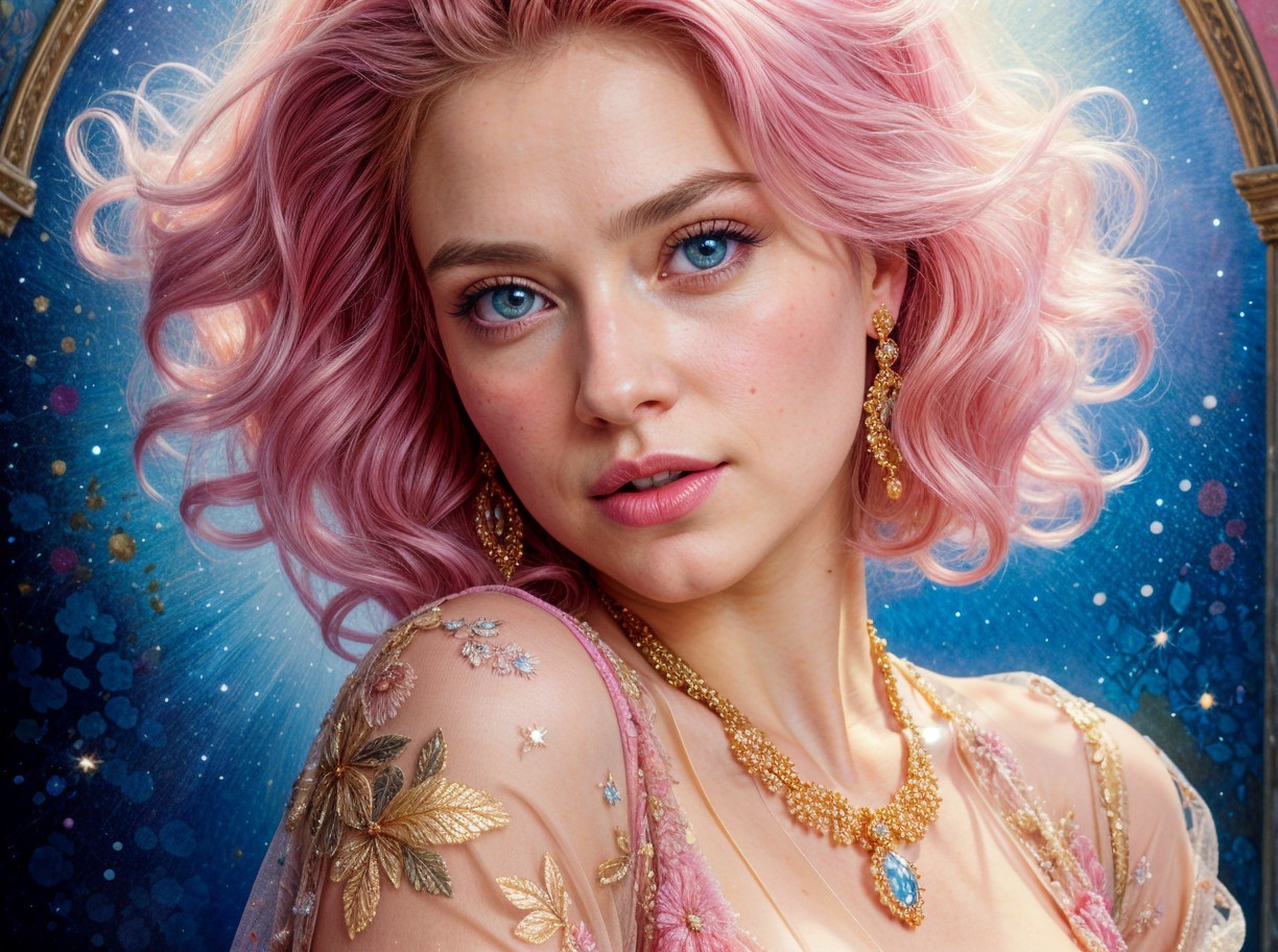 Young woman with pink hair and blue eyes in jewelry