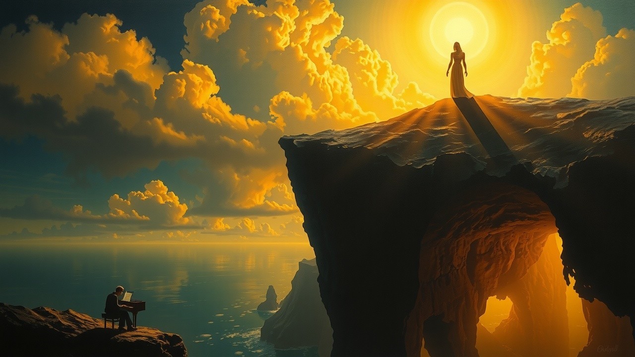 Man Playing Music on Cliff with Scenic Sea View
