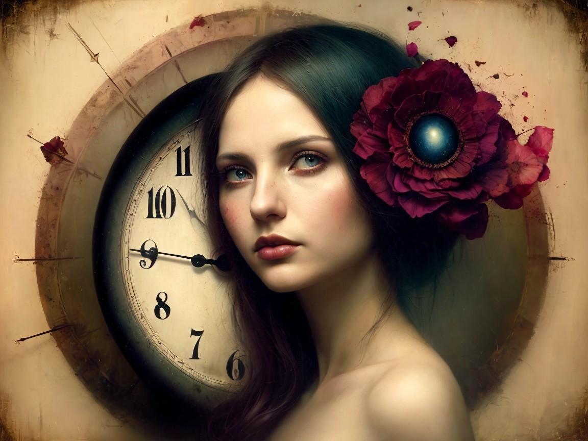 Serene Woman with Red Flower and Vintage Clock