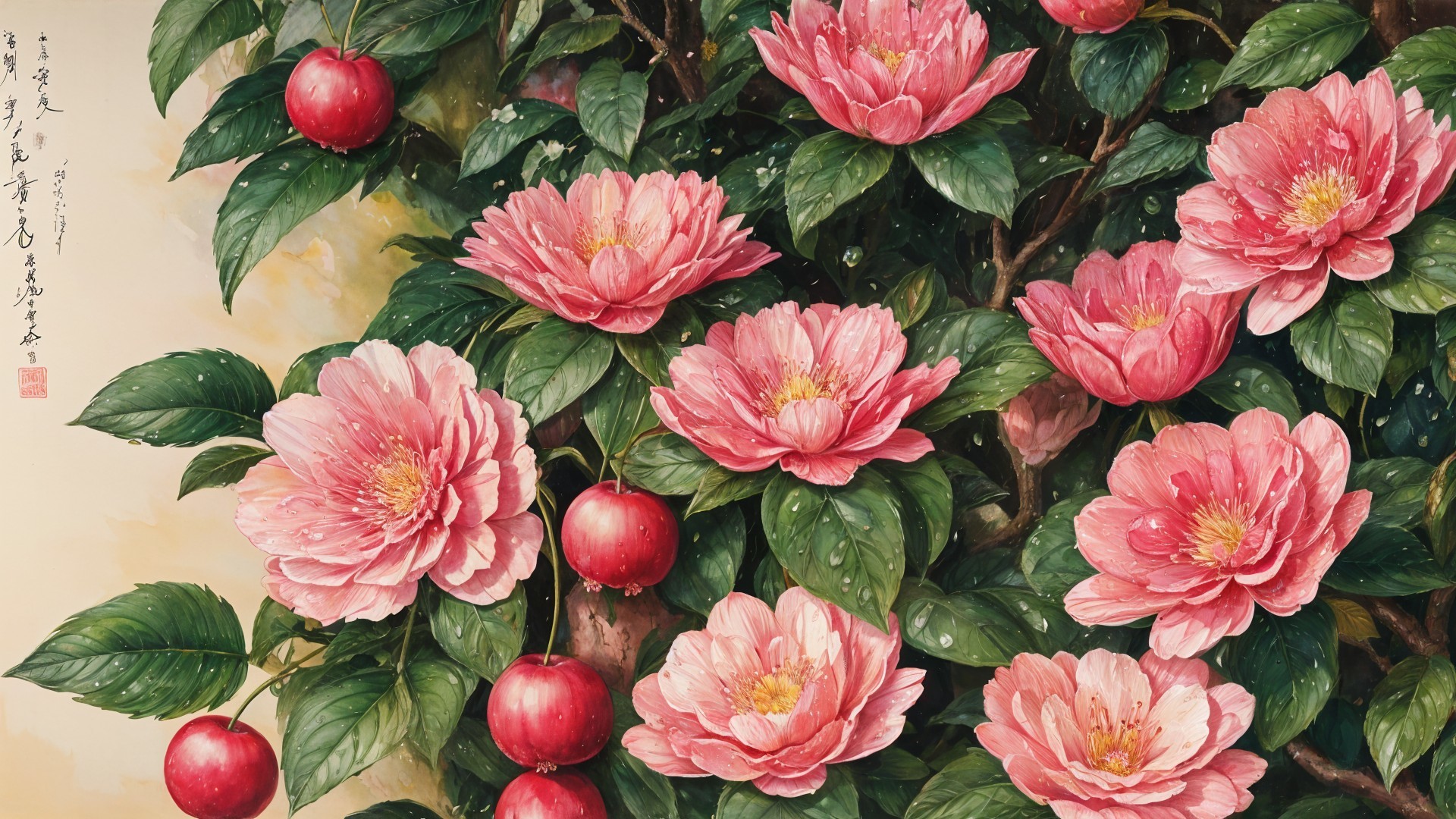 Vibrant Pink Peonies with Red Apples and Green Leaves
