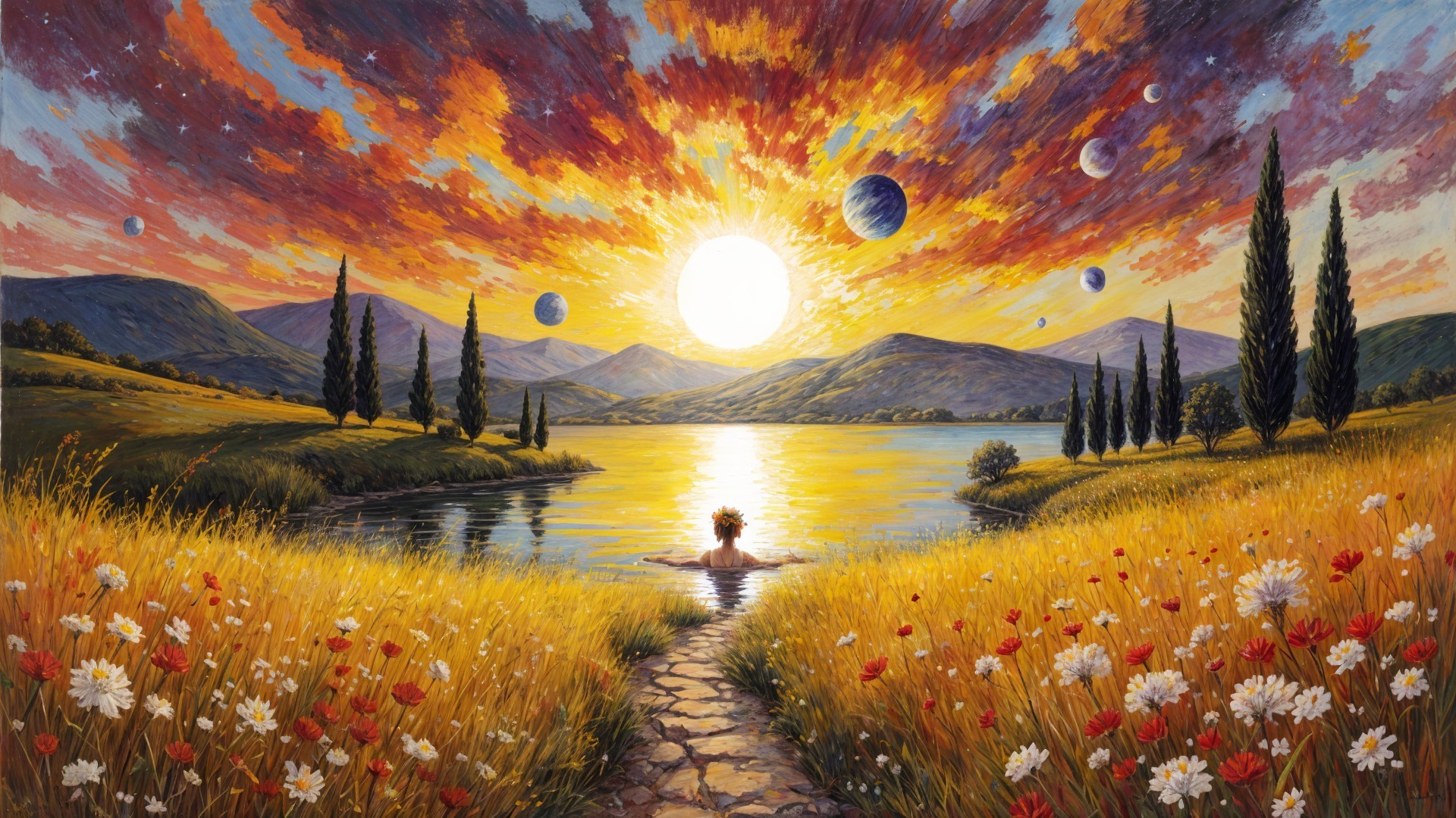 Serene landscape with lake, wildflowers, and sunset