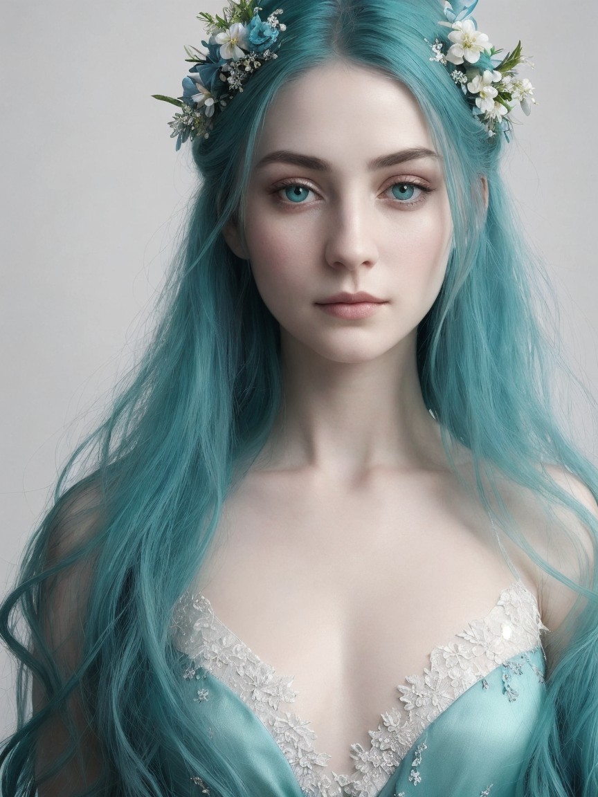 Portrait of a young woman with teal hair and gown