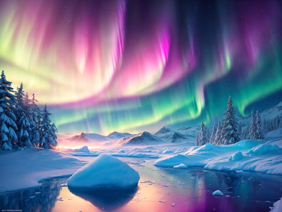 Northern Lights Over a Winter Landscape with Mountains