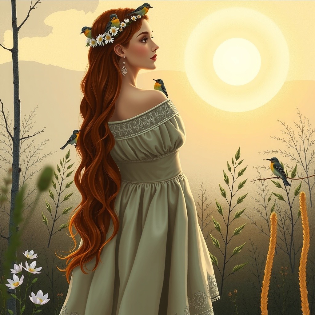 Serene Landscape with Woman in Floral Crown and Gown
