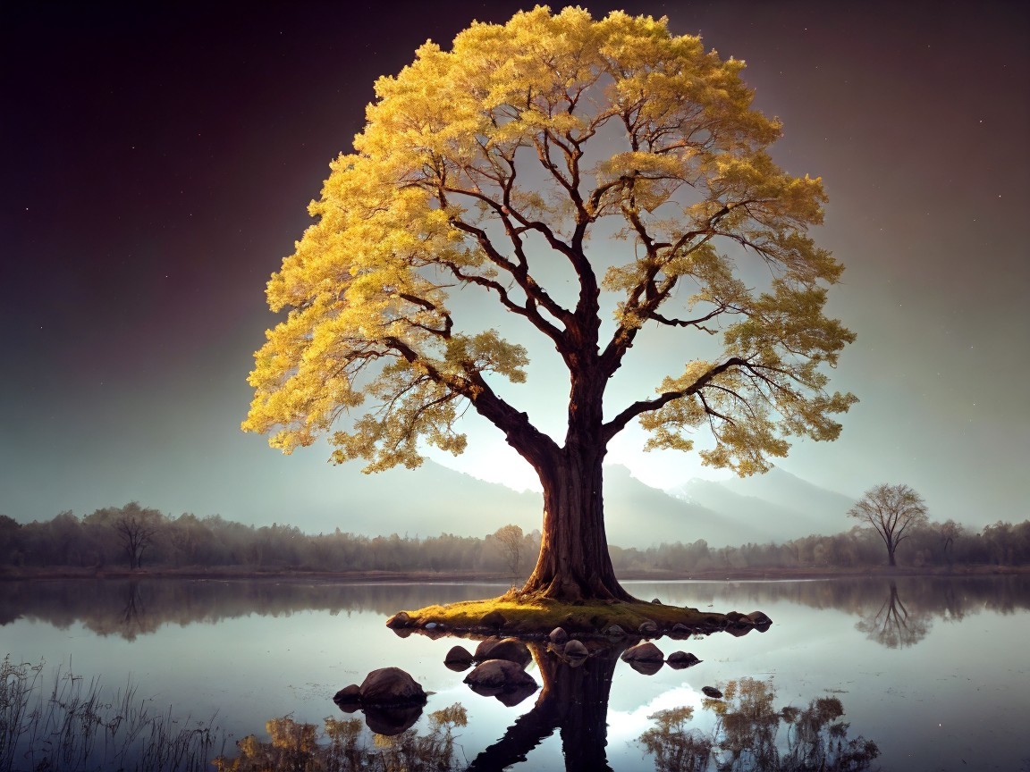 Majestic Tree on Island in Serene Lake at Twilight
