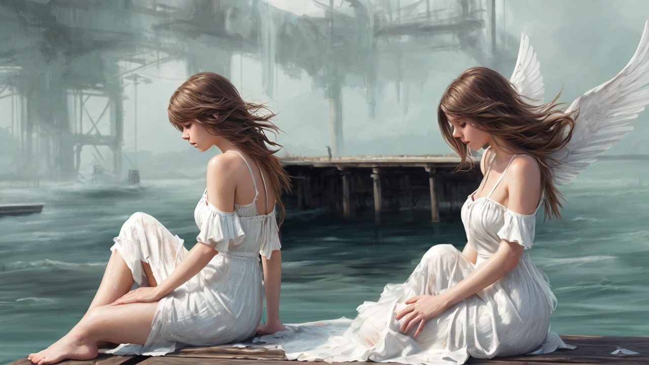 Ethereal Figures on Dock by Tranquil Waters
