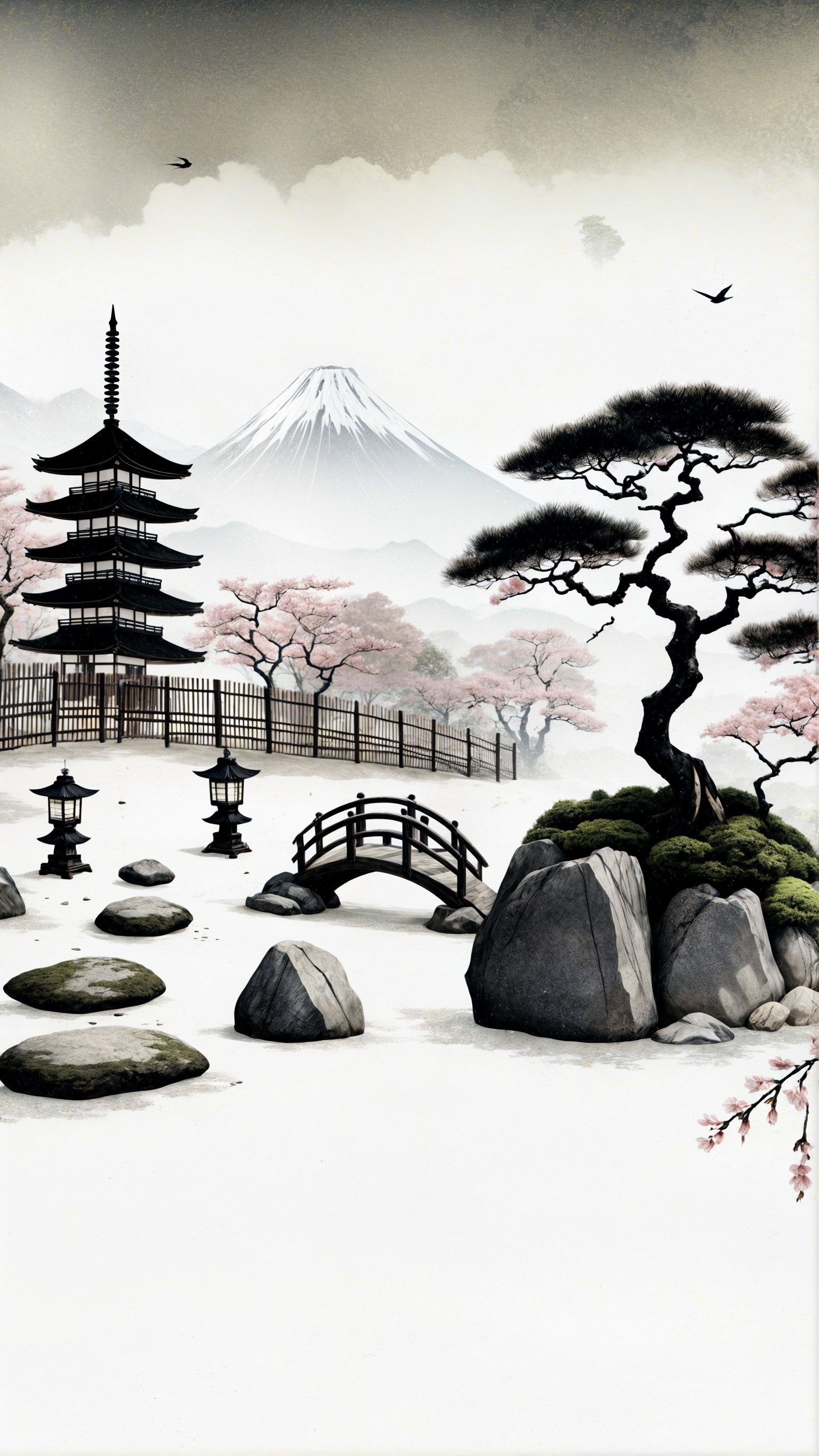 Serene Japanese Landscape with Pagoda and Cherry Blossoms