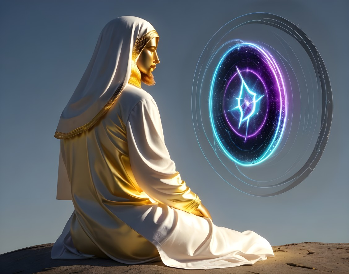 Robed Figure Contemplating Futuristic Portal with Celestial Elements