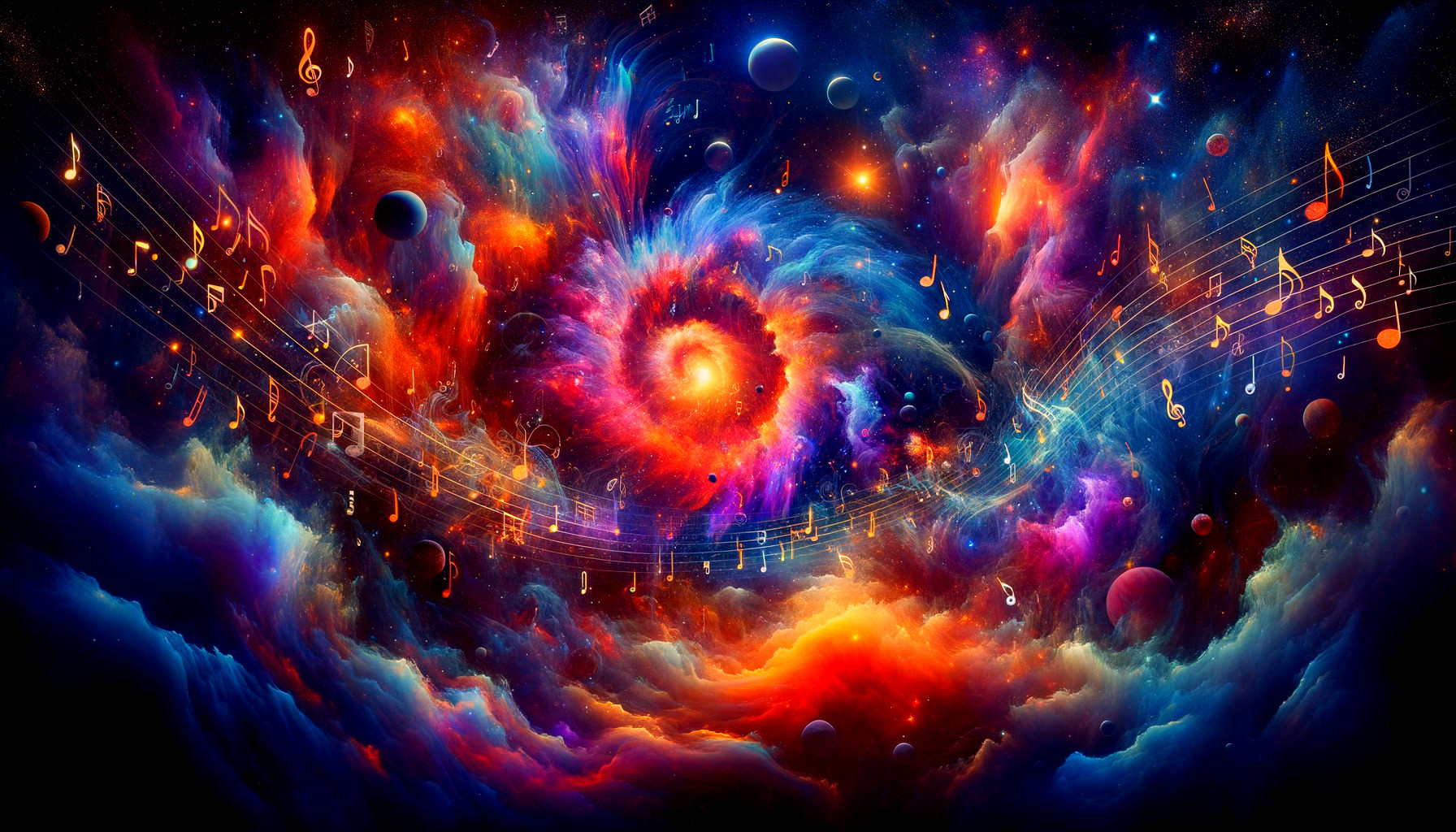 Vibrant Cosmic Scene with Galaxies and Musical Notes