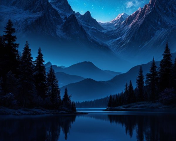 Tranquil Night Scene with Crescent Moon and Mountains