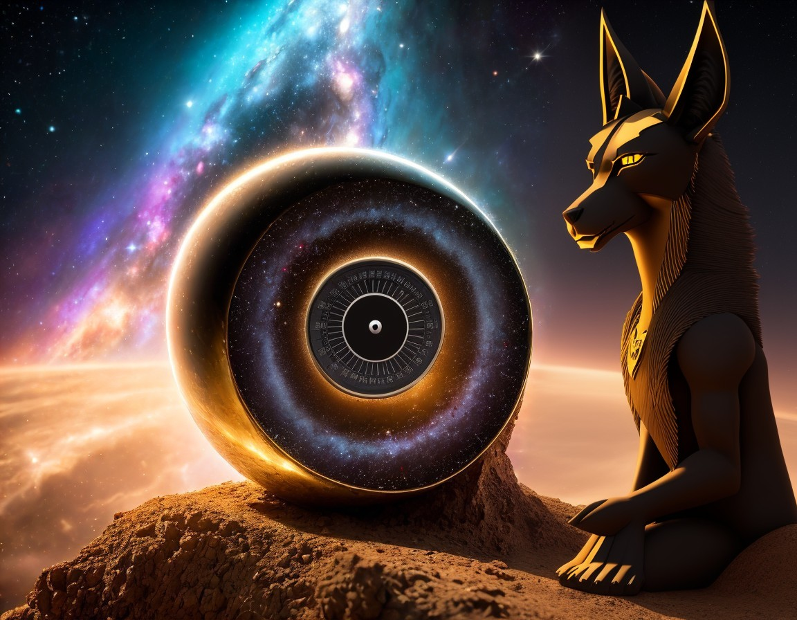 Mystical Anubis-like Figure with Large Eyeball Under Starry Sky