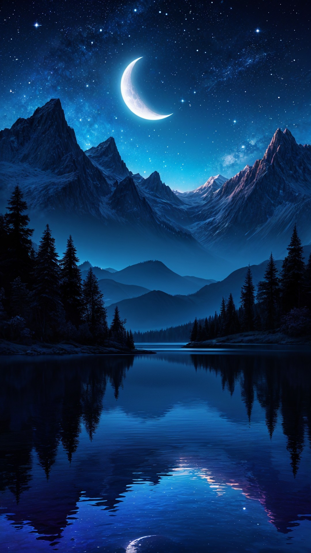 Tranquil Night Scene with Crescent Moon and Mountains
