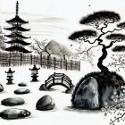 Serene Japanese Landscape with Pagoda and Cherry Blossoms