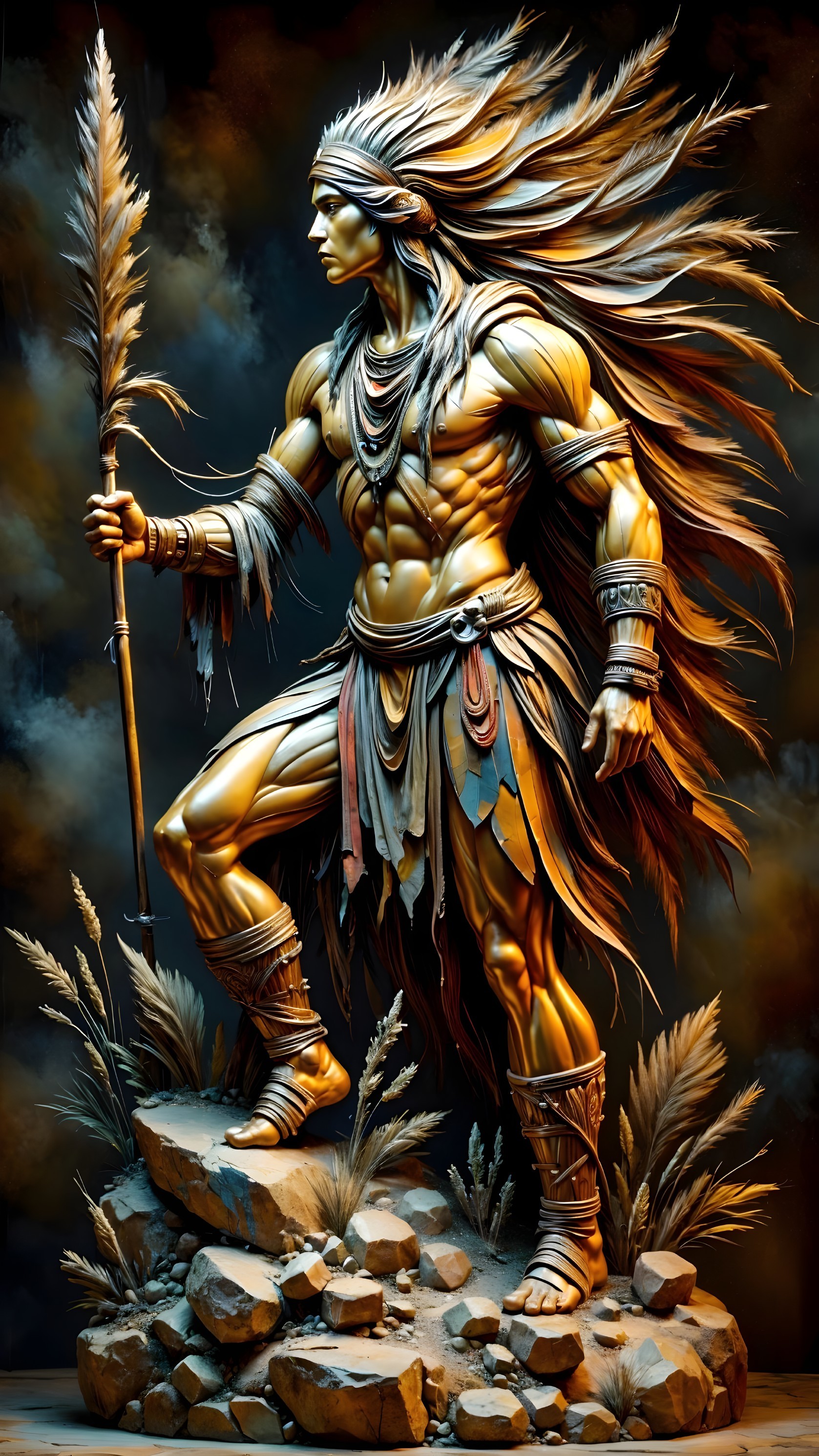 Muscular Warrior Statue with Spear and Tribal Elements