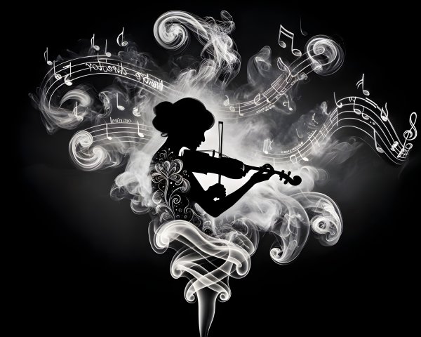 Violinist Silhouette Amidst Smoke and Musical Notes
