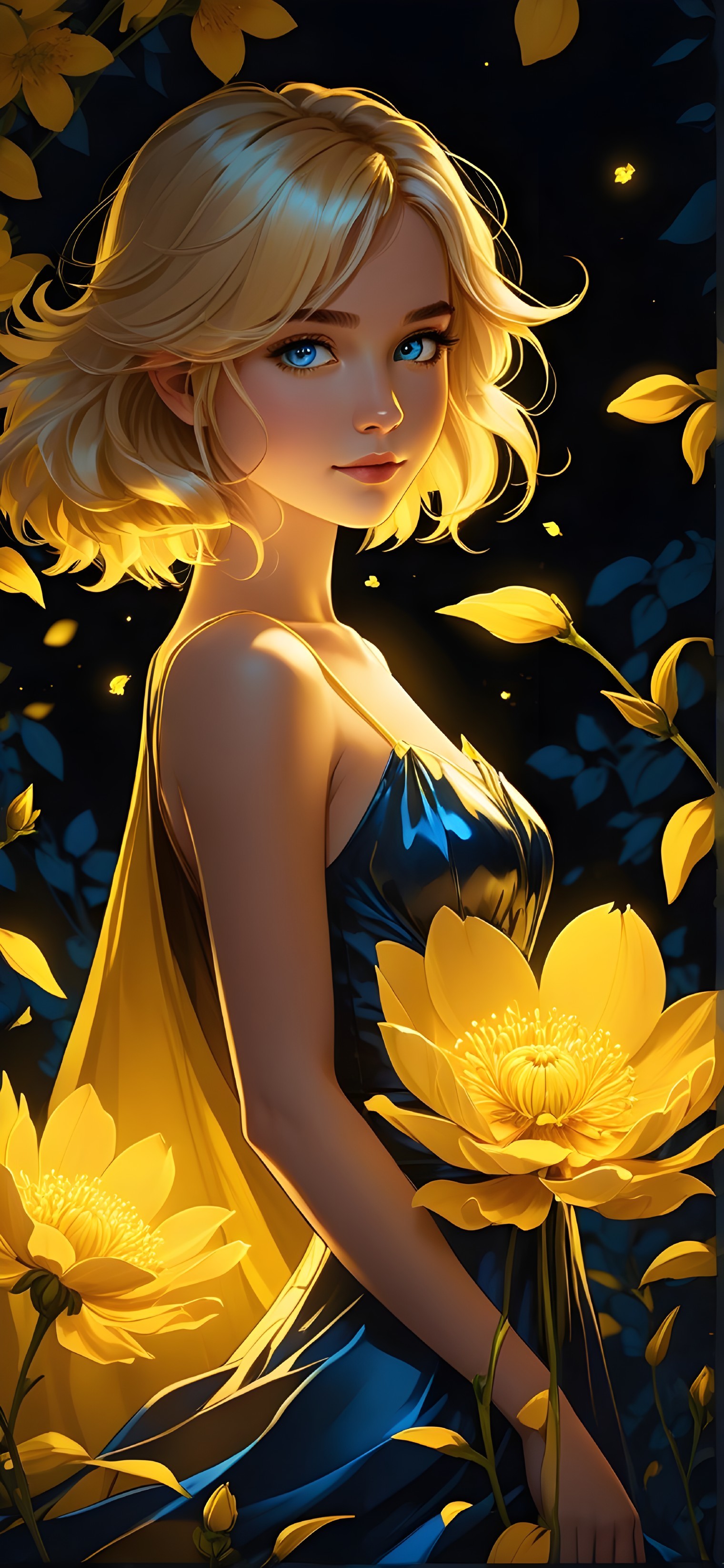 Young woman in blue dress among yellow flowers
