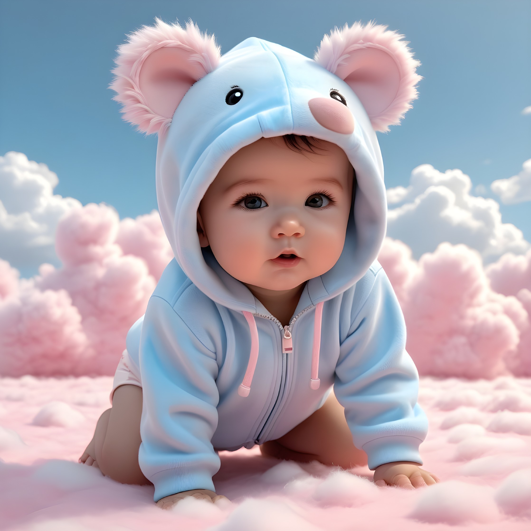 Cute Baby Crawling in Whimsical Cloud Scene