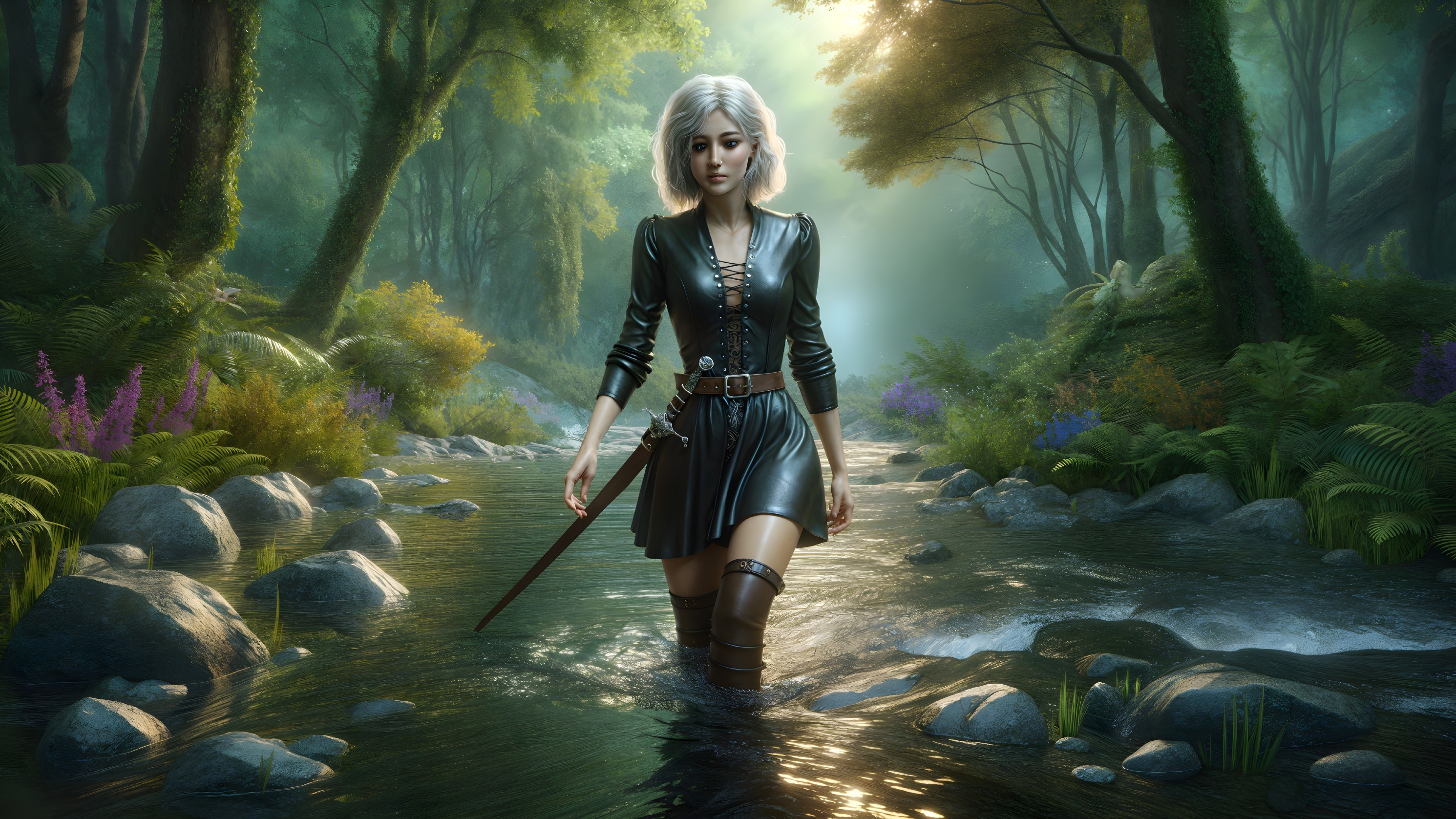 Mysterious figure in a serene forest stream setting