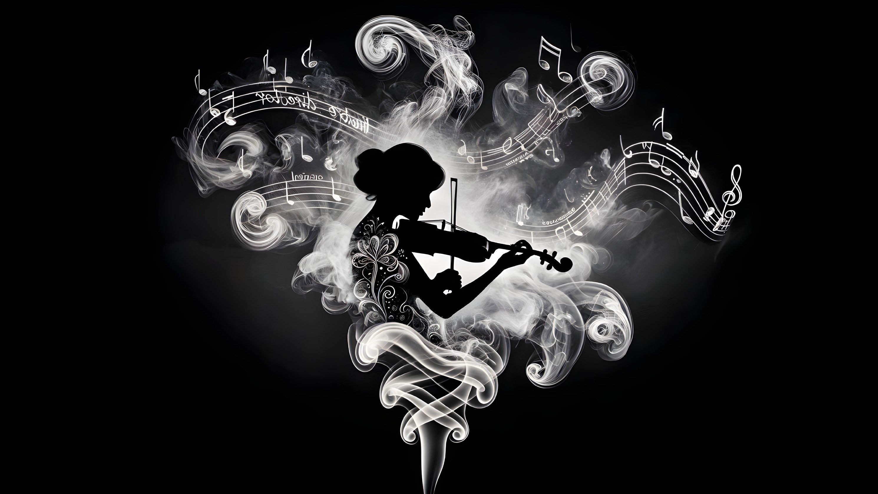 Violinist Silhouette Amidst Smoke and Musical Notes