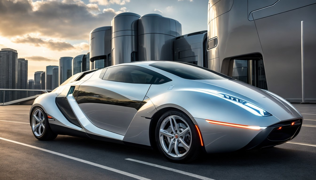 Futuristic Silver Car with Aerodynamic Design and LEDs