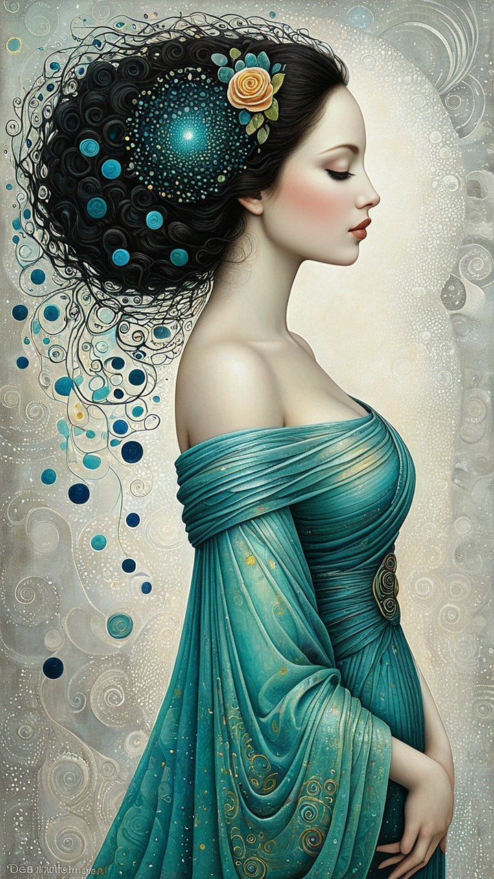 Serene Woman in Turquoise Gown with Floral Accents